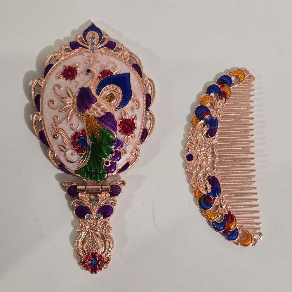 Mirror & Comb Set - Vintage Inspired - Enameled Peacock Foldable - Rose Gold